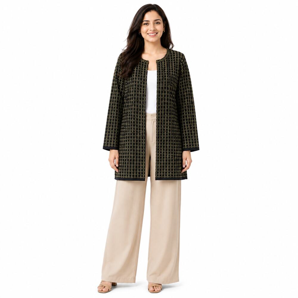 Kasper Women's Knit Cardigan Sweater Size Large Black Gold Metallic Wool Blend